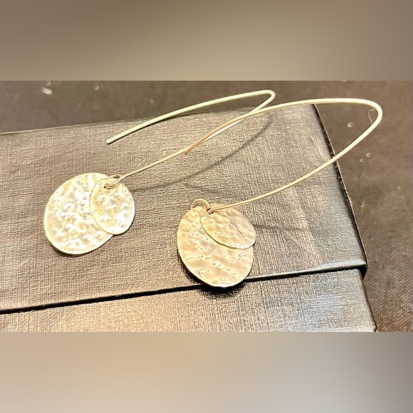 Boho Chic Hammered Sterling Silver Dangle Earrings Ovals Hippie Artsy Metallic - Picture 6 of 17